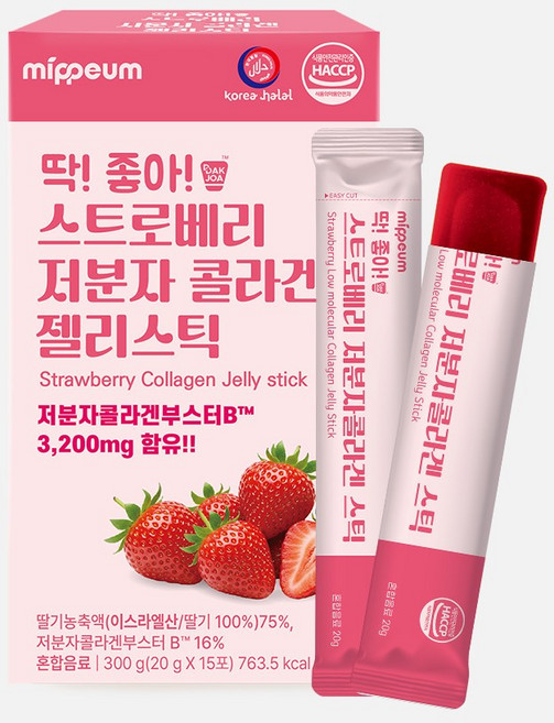 딱좋아 할랄인증 스트로베리 저분자 콜라겐 젤리스틱 15포, 15개, 20g