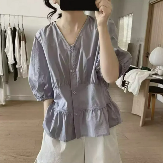 루스리더 여성 여름 루즈핏 퍼프 블라우스 V510