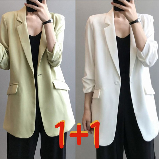 1+1 봄가을 여성 정장 자켓 심플 무지 카라넥 세미 쉬폰 코트 캐주얼 루즈핏 하객룩 오피스룩 아우터