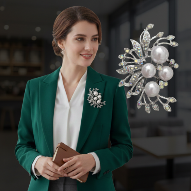 여성용 고급스러운 진주 포인트 잎사귀 브로치 핀