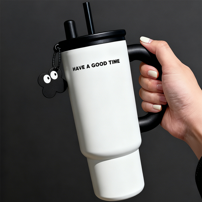 RichMagic 텀블러 대용량 물병 손잡이 핸들 보온 보냉 스테인리스 빨대 포함, 1개, 700ml, 회이트