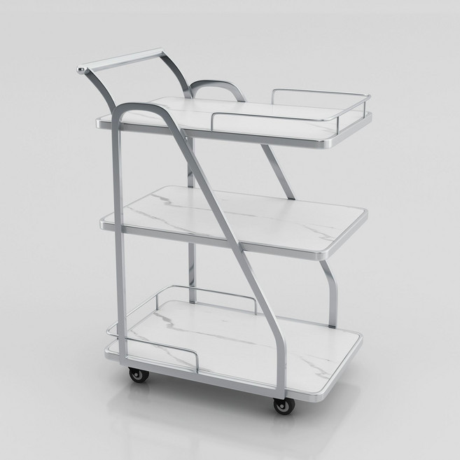 호텔 트롤리 3단 카트 주방 왜건 이동식 와인 서빙 레스토랑 블랙 골드, 공식 표준 사양, 1개, 실버+설산화이트