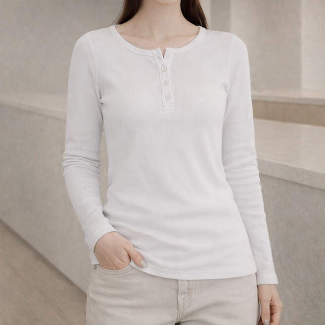 바이누아 여성 소프트 슬림골지 헨리넥 긴팔티셔츠