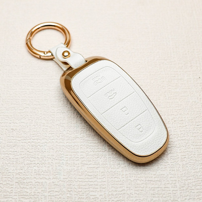 튜모 호환 팰리세이드 투싼NX4 더뉴그랜저 쏘나타DN8 더뉴싼타페 스타리아 넥쏘 싼타페FE 자동차 가죽 차 키케이스 키링 키홀더, PHD-01-4버튼 화이트, 스트랩 C타입