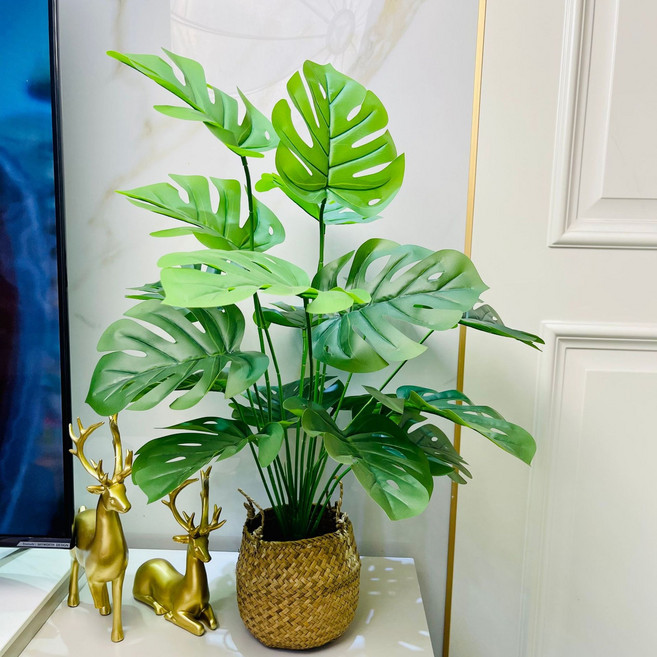 北歐風 模擬綠植盆栽 龜背竹 裝飾擺件, 70CM龜背竹盆栽 送配重底座 送北歐手工編織花籃 70釐米, 1件
