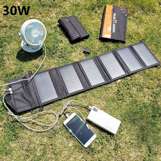 Apnoo 휴대용 캠핑용 접이식 패널 태양광 충전기 휴대용 태양열 USB 충전기, 6매(블랙) 30W 듀얼 USB 출력, 1개