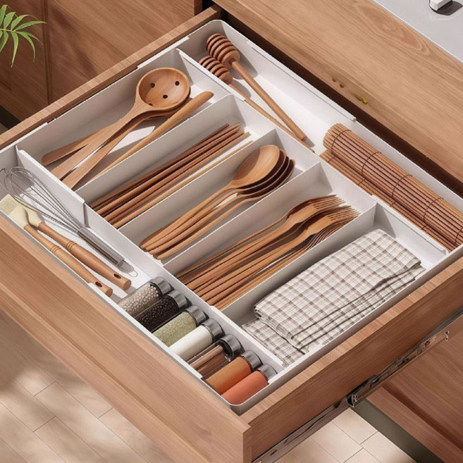 싱크대 커트러리 정리함 주방 서랍 정리 수저 정리함 씽크대 정리 길이조절 9칸 소품 수납함, 1개, 화이트