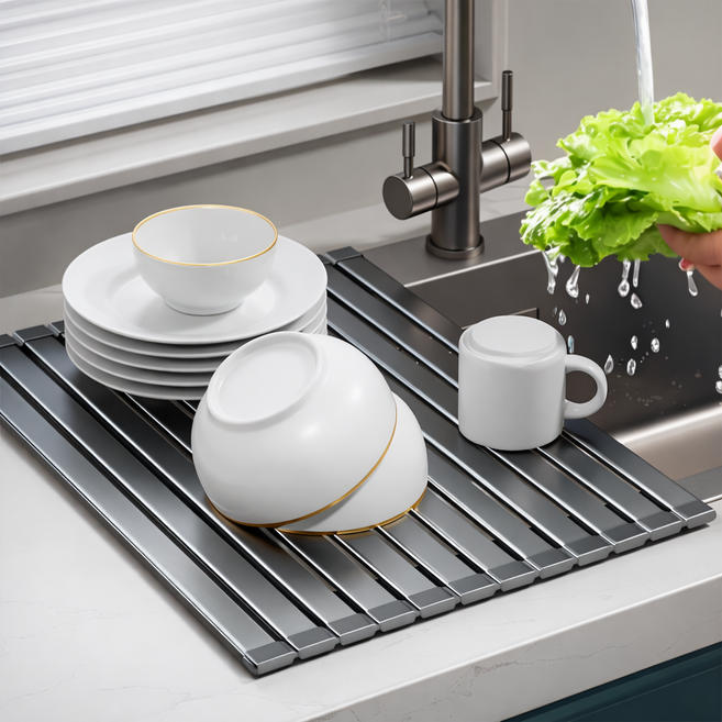 Owete 항공 알루미늄소재 와이드 대형 주방 싱크대 롤매트 식기건조대 싱크롤 건조매트, 1개, 다크+그레이