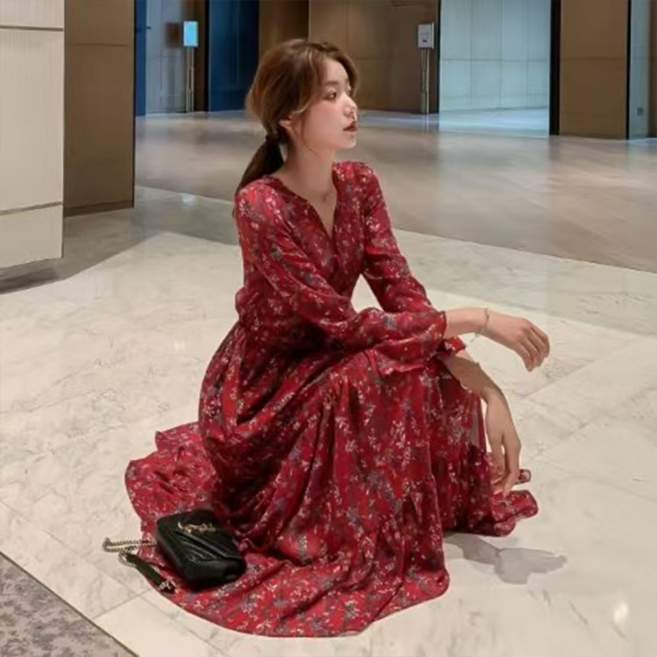 오스틱니 2025 여성 초특가 봄가을 날씬해 보이는 V넥 빅사이즈 롱 간절기 일상 캐주얼 원피스