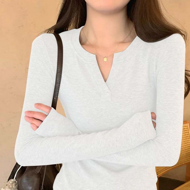 AOKADA 여성 브이넥 긴팔 티셔츠 봄 가을 이너티 슬림티