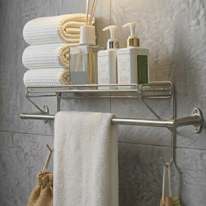 벨리에 수건걸이 선반 무타공 프리미엄 304 스텐 욕실 선반, 1개, 스텐 실버