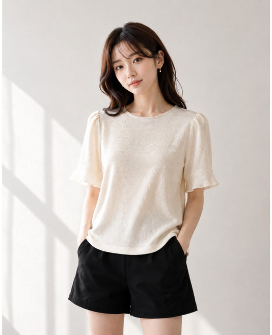 [메리브] 에이드프릴소매티 여성 프릴 퍼프 반팔티 슬림핏 러블리 데일리룩 데이트룩2color