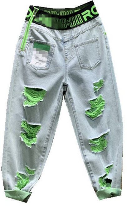 라오농 다채로운 찢어진 캐주얼 바지 봄과 여름 새로운 도착 엘라스수트 카우보이 하렌 자른 바지 FGE05X