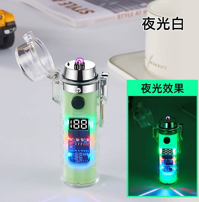 透明防水電弧打火機 附手電筒與電量顯示, 綠色, 1個