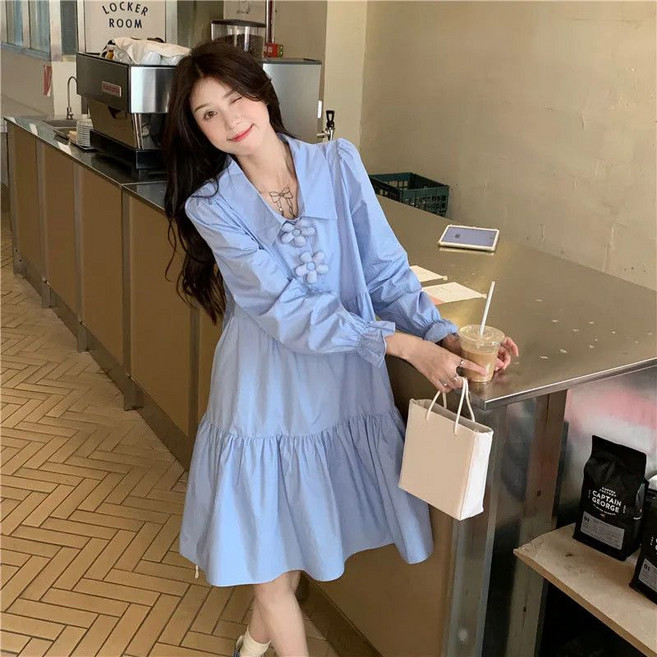 임산부 긴팔 원피스 봄 가을 빅 칼라 롱 셔츠 원피스 캐주얼 귀여운 스타일 YLP