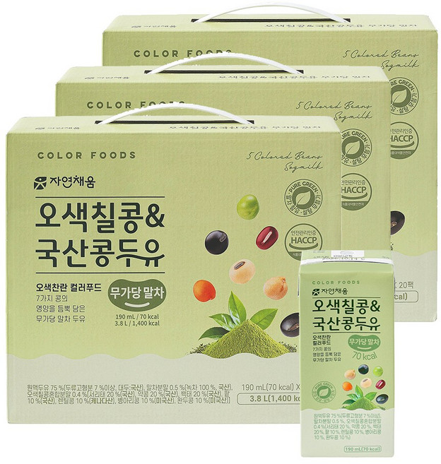자연채움 오색칠콩 국산콩두유 무가당 말차 190ml, 60개
