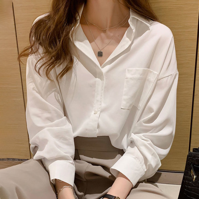 NUNUHANA 여성 데일리 루즈핏 포켓 긴팔 셔츠