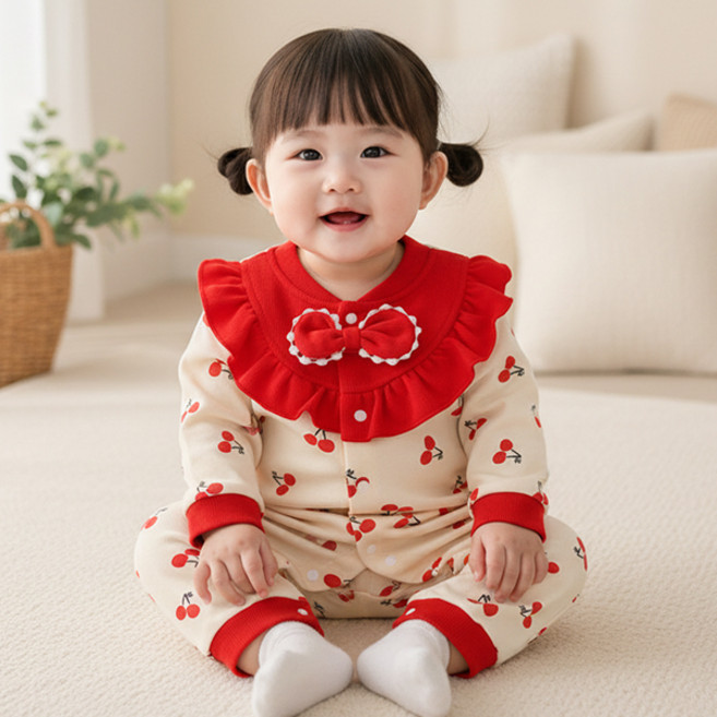 몽실이 리본장식 체리 긴팔 우주복 유아 여아 외출복 봄 가을 바디수트
