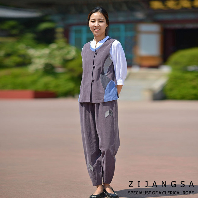 [2054]여성 선염 슬라브 조끼 바지 / 한벌 2피스 여자 보살님 생활한복 개량 한복 법복 절복 사찰복 템플스테이 수련복 지장사