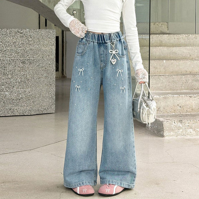 슈슈아리 리본 톡톡 데님팬츠 초등학생 주니어 아동 여아 청바지 데일리룩