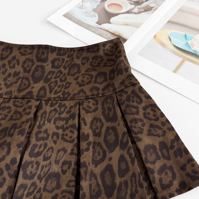 麂皮絨高腰百褶短裙 豹紋百褶裙 褲裙
