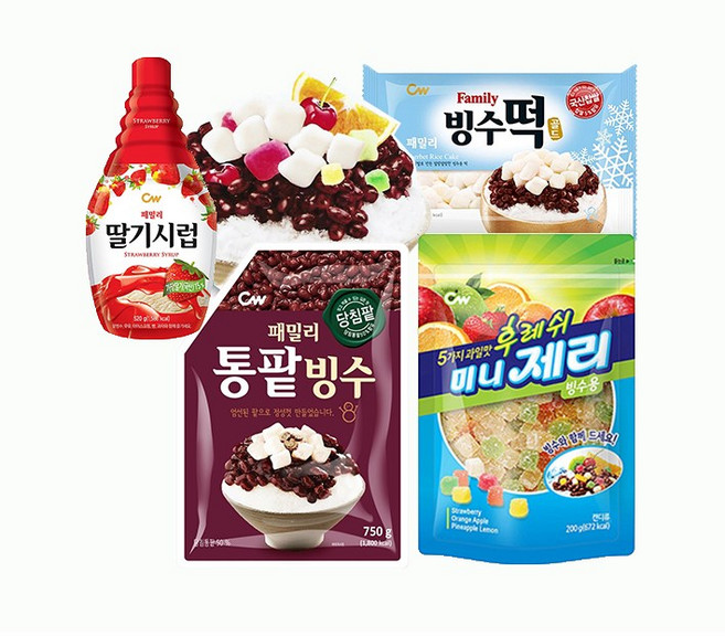 청우식품 청우 팥빙수재료 4종(팥+딸기시럽+빙수떡+빙수제리) 1세트, 750g
