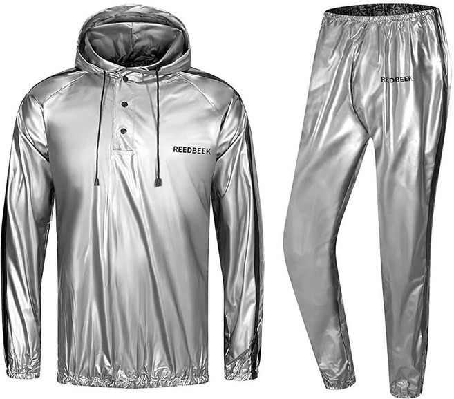 REEDBEEK 헤비 듀티 피트니스 스웨트 수트 열 트래핑 사우나 체육관 운동 셰이퍼 버튼 재킷 바지 블랙. L 213946, 실버