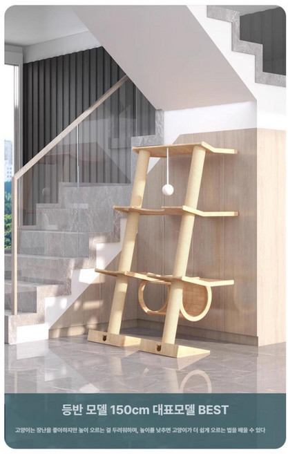사다리형 고양이 원목 캣타워 무타공 벽에 세워놓는 클라이밍 고양이놀이터 캣폴 더블봉 150cm 4단, 싱글 봉 3단