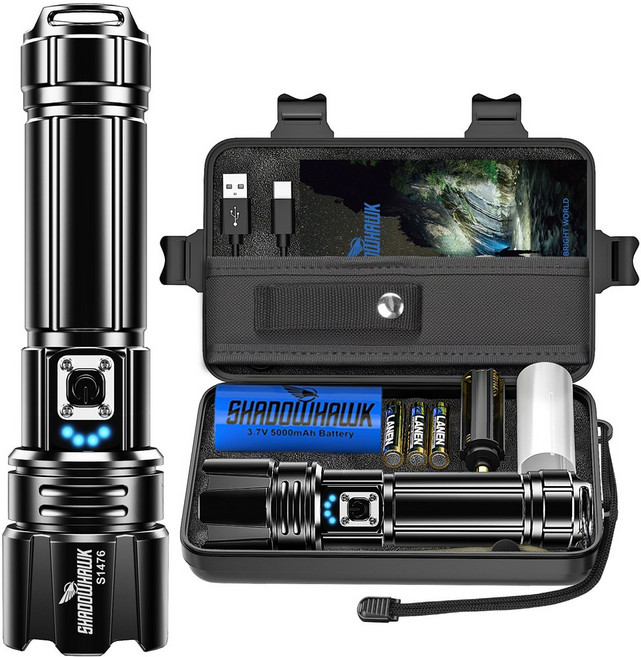 Shadowhawk 초강력 led 손전등 2000Lumen 매우 밝다 USB충전식 12H 항속 5000mAh 배터리 휴대용 랜턴 IP67방수5단 모드 캠핑 응급 등산 선박, 1세트, 블랙