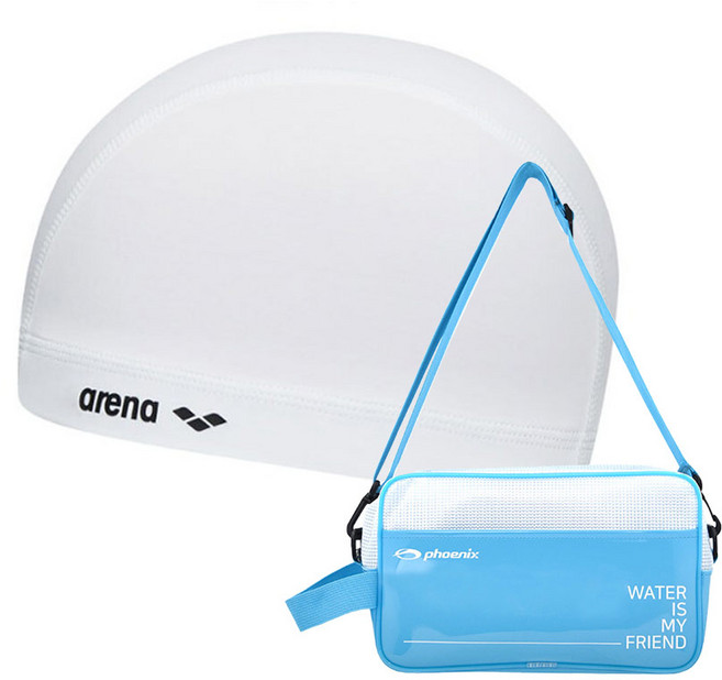 아레나 스판수모 + 피닉스 아동 사각 수영 가방, 수모 WHT + 아동 사각 수영 가방 BLU, 1개
