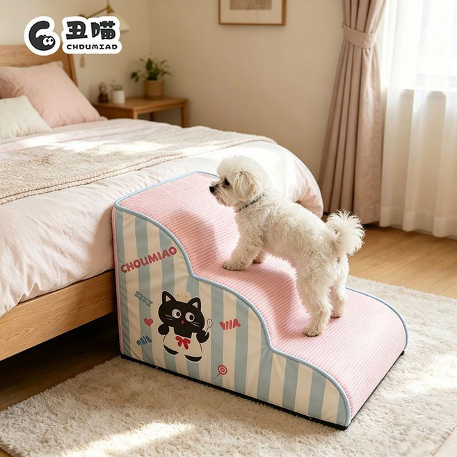 CHOU MIAO 寵物防滑階梯, 1個, 【丑喵旗艦官方正品】 粉藍小貓 -狗狗沙發梯結實不打滑【雙層款】40*39*31cm