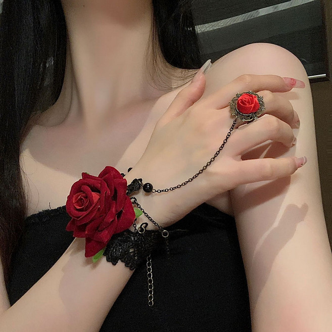 ROYALBELLE 여성 다크무드 로리타 고딕 스타일 장미 레이스 반지 팔찌 세트 플라워 손목 장식 액세서리 G0101401
