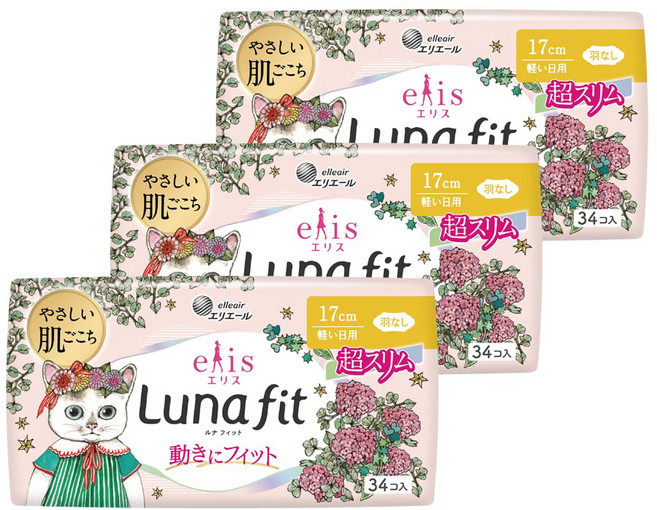 엘리스 루나핏 날개 없는 17cm 102장(34장 3개 세트) 초슬림 가벼운 일용 생리대, 3세트, 34개입, 소형