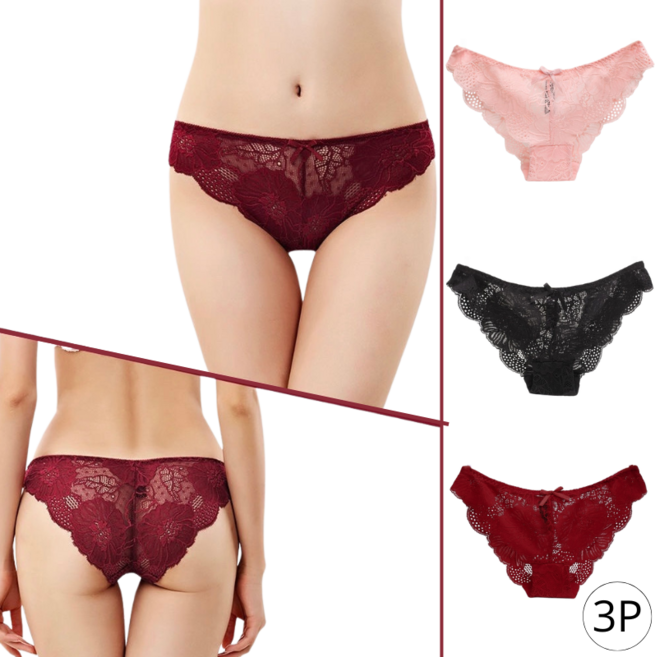 여성 섹시 레이스 망사 팬티 3종 세트 블랙+와인+핑크