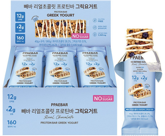 무가당 설탕X 빼바 리얼초콜릿 프로틴바 그릭요거트, 1박스, 360g