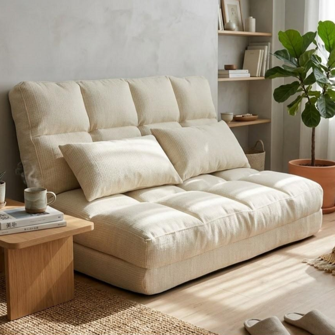 懶人沙發 多段調節躺椅, 米, 【豆腐雙人】沙發床