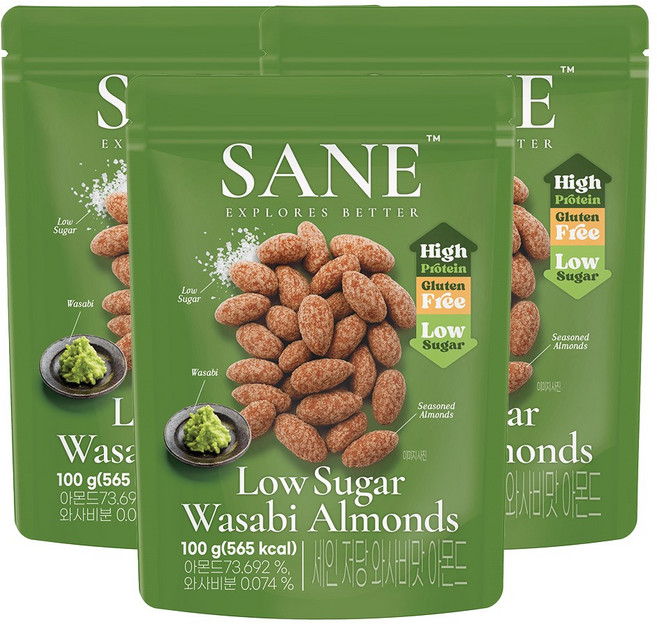 세인 저당 고단백 아몬드 와사비맛, 3개, 100g