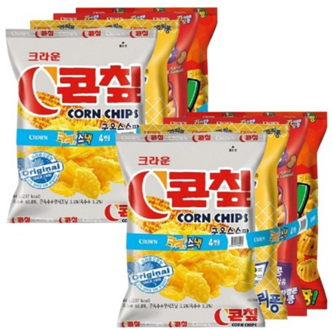 크라운 크크스낵 4번들 x 2개 / 봉지스낵 기획팩, 213g