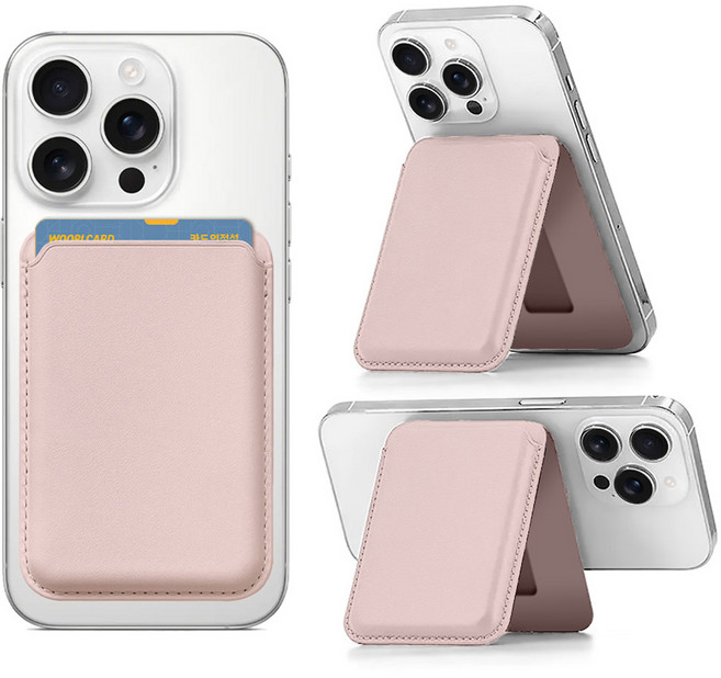 뷰씨 맥세이프 자력 2배 카드 3장 수납 가죽 카드지갑 거치대, 1개, 베이비핑크