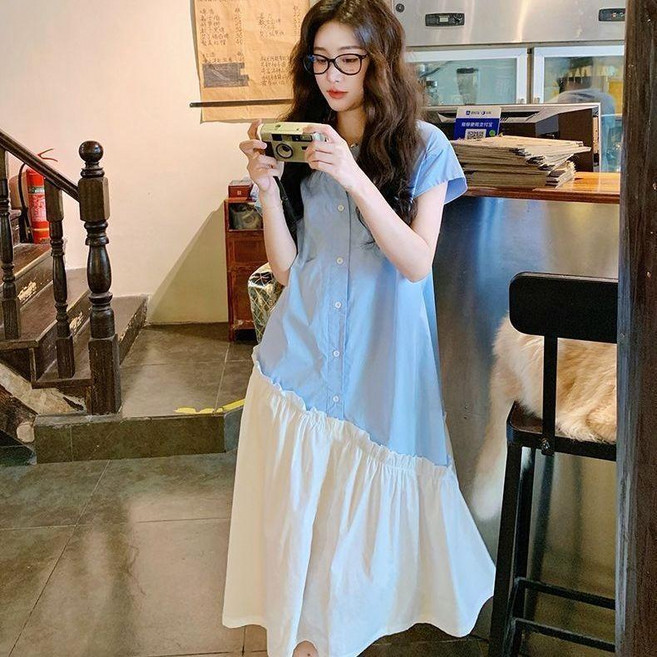 韓系新款設計感小衆清新甜美百搭襯衫裙 拼接長裙, 藍色拼接長裙011# 【高品質現貨】,M 95-105, 藍色