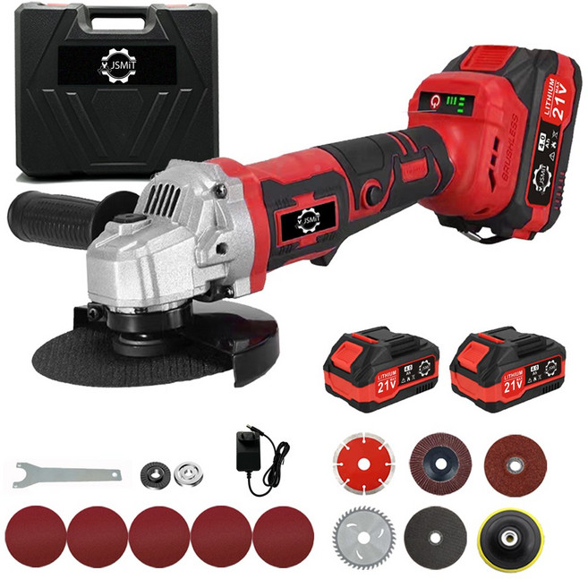 JSMiT 무선 충전식 전동 브러시리스 - 그라인더 핸드 프리미엄 앵글 그라인더 절삭공구 5 인치 산업용 등급21V, 10셀 배터리2개+도구상자입니다, 1개