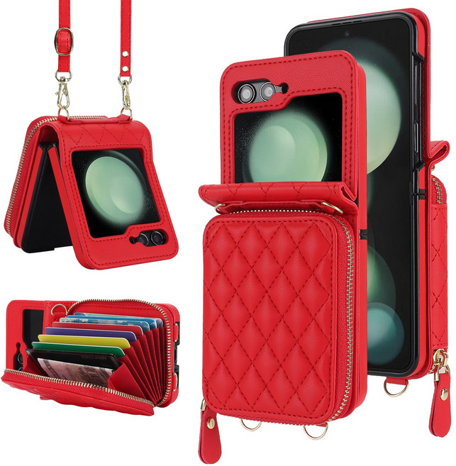 루스톤 샤이니 퀼팅 지갑 지퍼 크로스 스트랩 갤럭시 Z플립 케이스