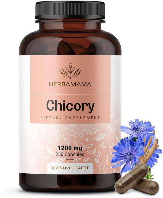 HERBAMAMA 치커리 뿌리 섬유 캡슐 - 장 정화 및 소화 지원을 위한 1200mg 치커리 뿌리 파우더 - 비건 GMO 프리 이눌린 프리바이오틱 섬유 보충제, 1개, 250