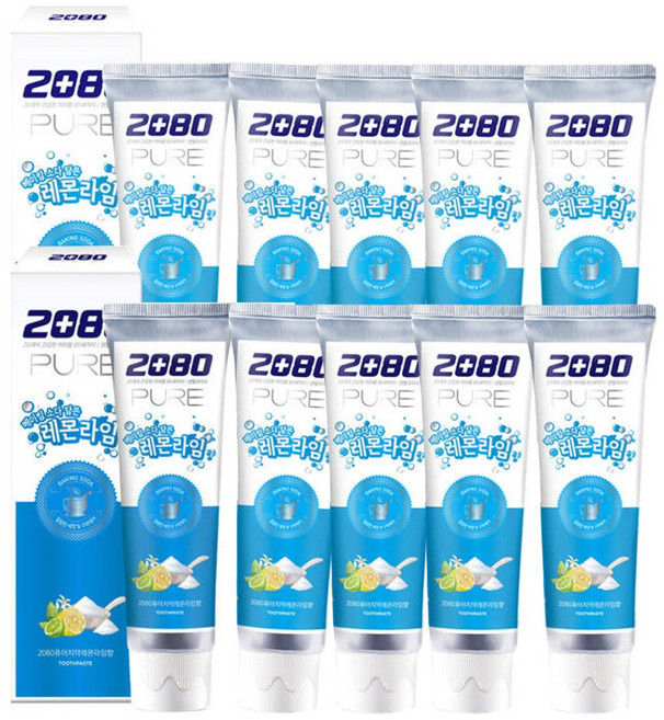 애경산업 2080 베이킹소다 퓨어 클린민트향 레몬라임향 치약 잇몸 불소 120g, 퓨어 레몬라임치약10개구성+칫솔증정, 1개
