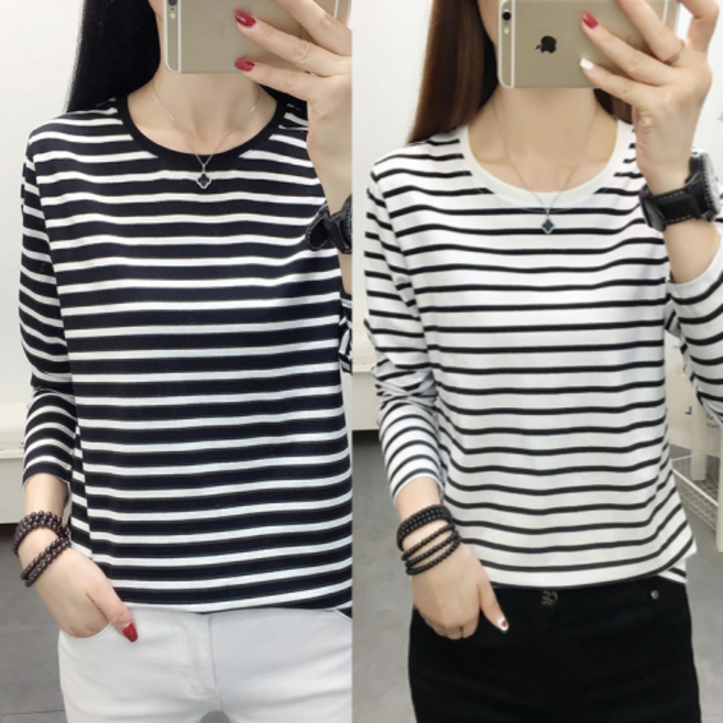 에르모소 2P 여성 스판 짱짱 라운드 스트라이프 긴팔 티셔츠 세트 간절기 이너티 줄무늬 긴팔티 HF-C084