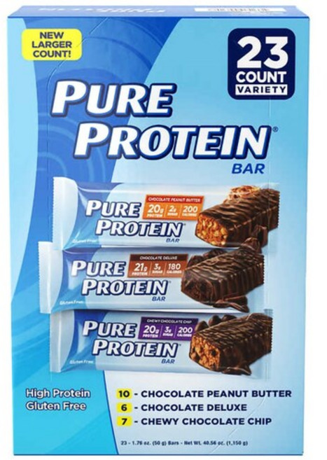 Pure Protein 퓨어 프로틴 바 3종 50g x 23바 초콜릿 딜럭스 피넛 버터 츄이 칩, 23팩