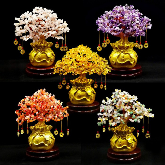 은상사 골드 돈나무 수정 크리스탈 금전수 장식품, 핑크크리스탈