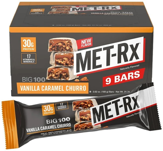 MET-Rx Big 100 그래놀라 단백질 바 식사 대용 바 단백질 28g 초콜릿 칩 9개 팩, MET-Rx 9개, 바닐라 캐러멜 츄로, 100g - 쿠팡