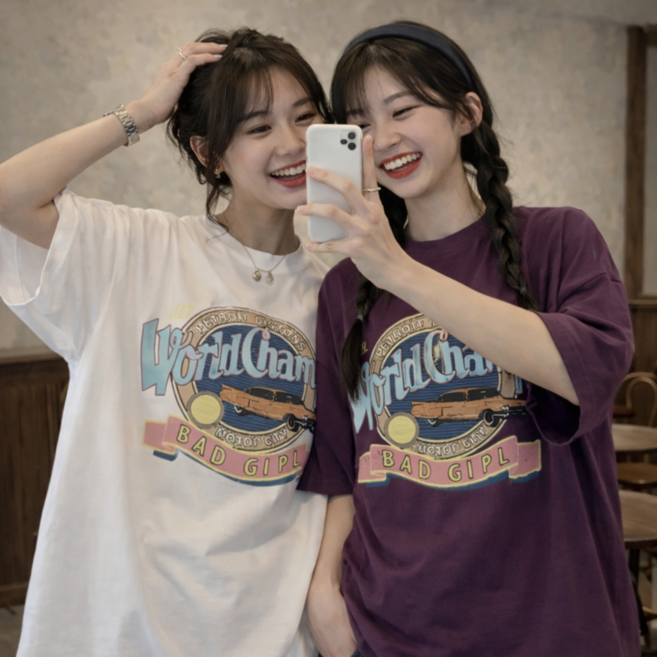 여성 오버핏 그래픽 반팔티 빈티지 프린팅 루즈핏2P