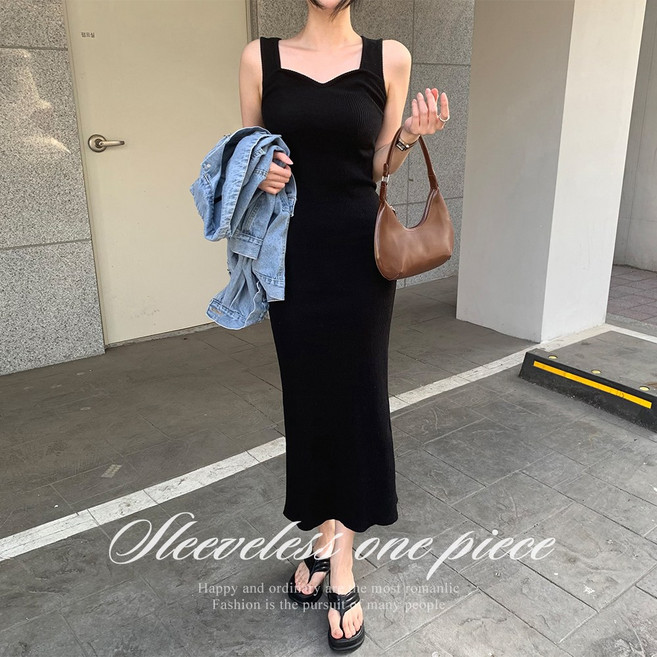 [순이] S.여성 슬림라인 하트넥 골지 나시 롱원피스